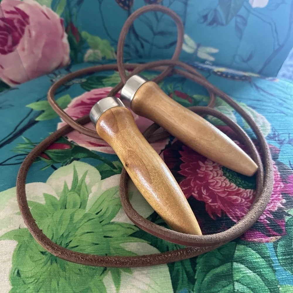 Mid Century Leather Wooden Handle Jump Rope Exercise Equipment Made In USA